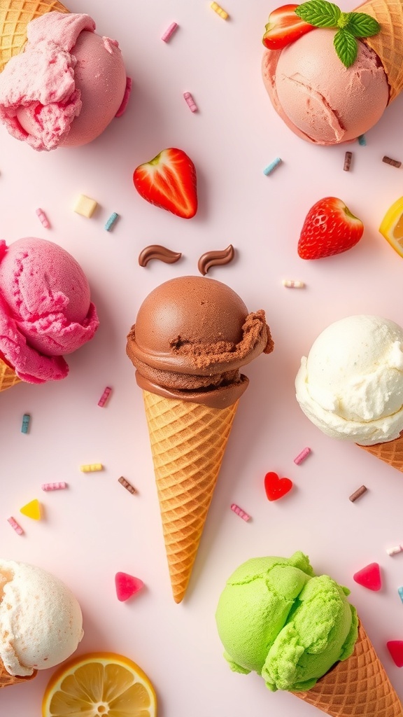 Aesthetic flat lay of colorful ice cream cones on a pastel background with sprinkles and fruit.